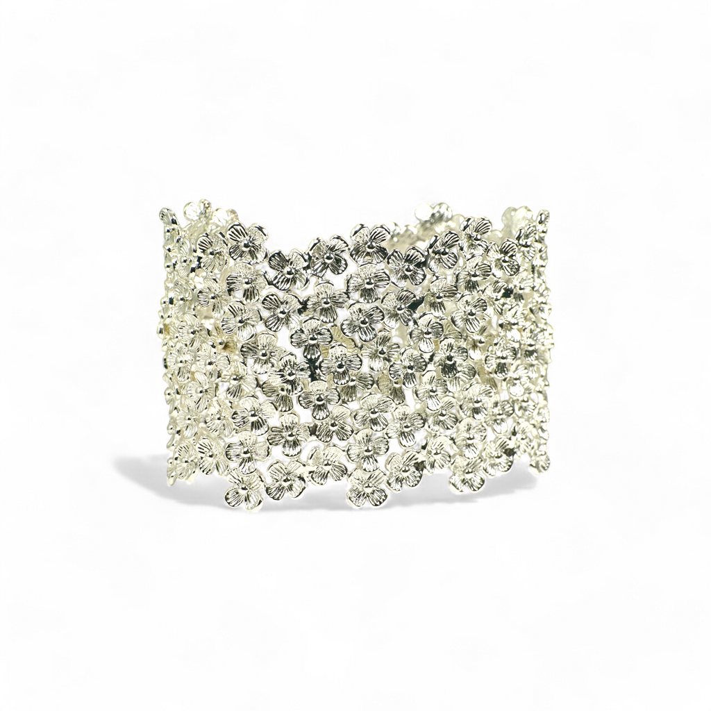 Pulsera esclava ajustable flores plateada