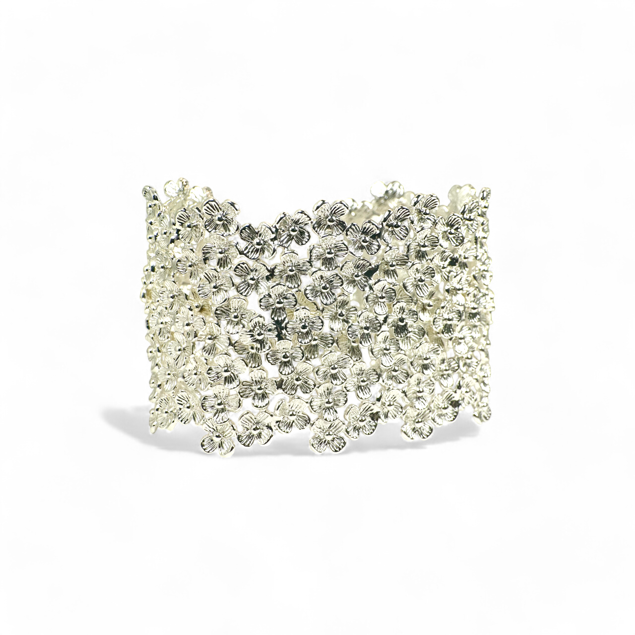 Pulsera esclava ajustable flores plateada