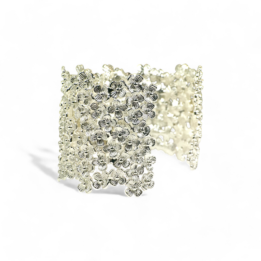 Pulsera esclava ajustable flores plateada