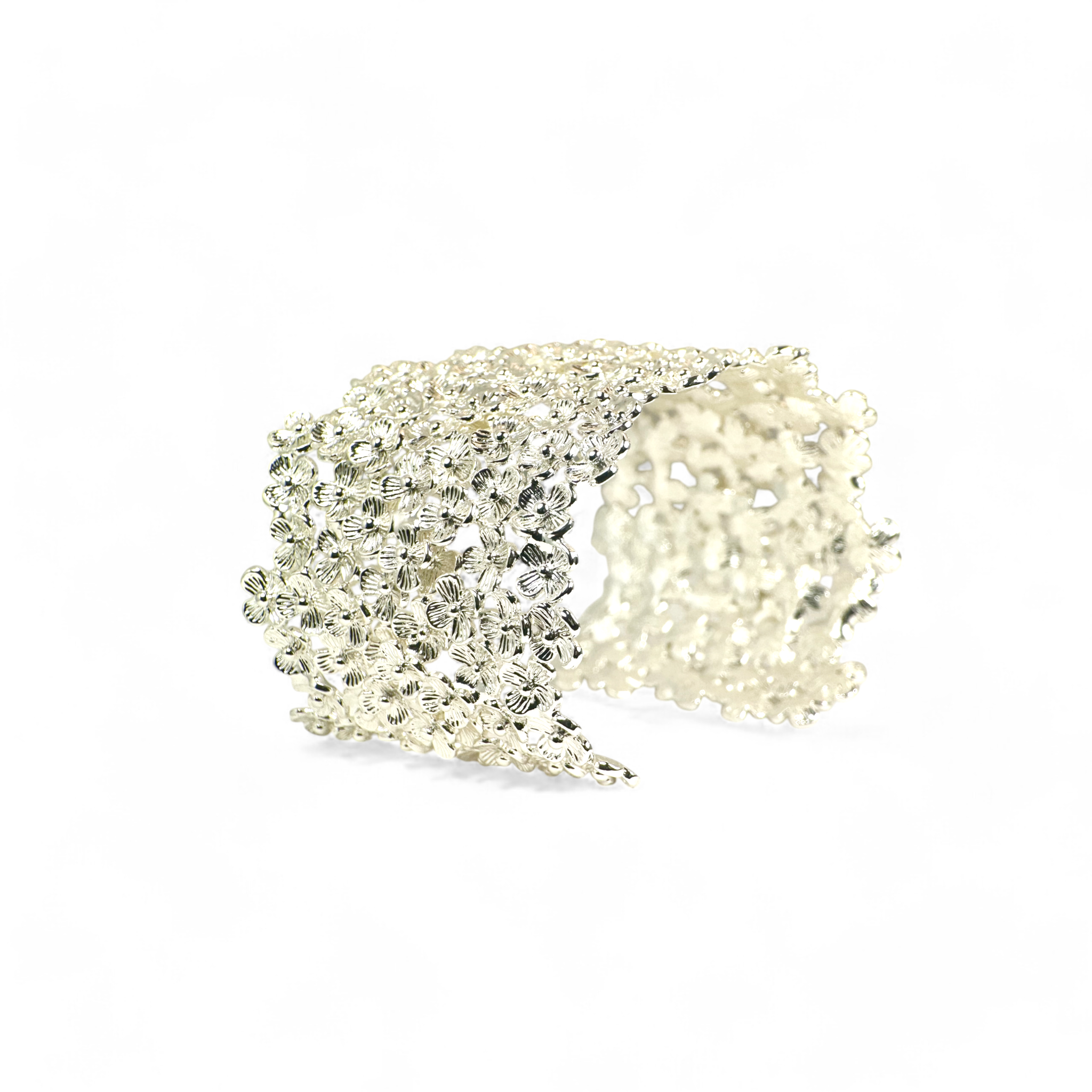 Pulsera esclava ajustable flores plateada