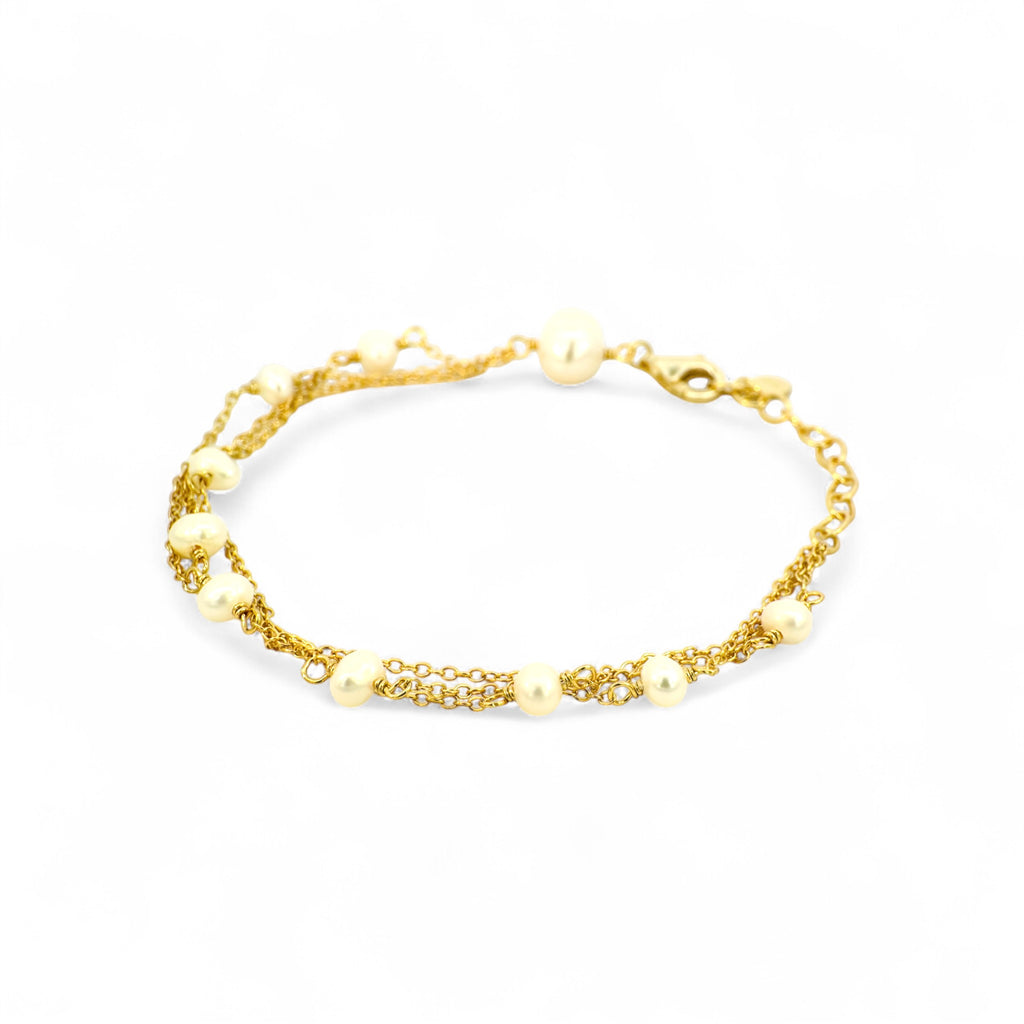 Pulsera triple eslabones dorados con perlas de 3 mm