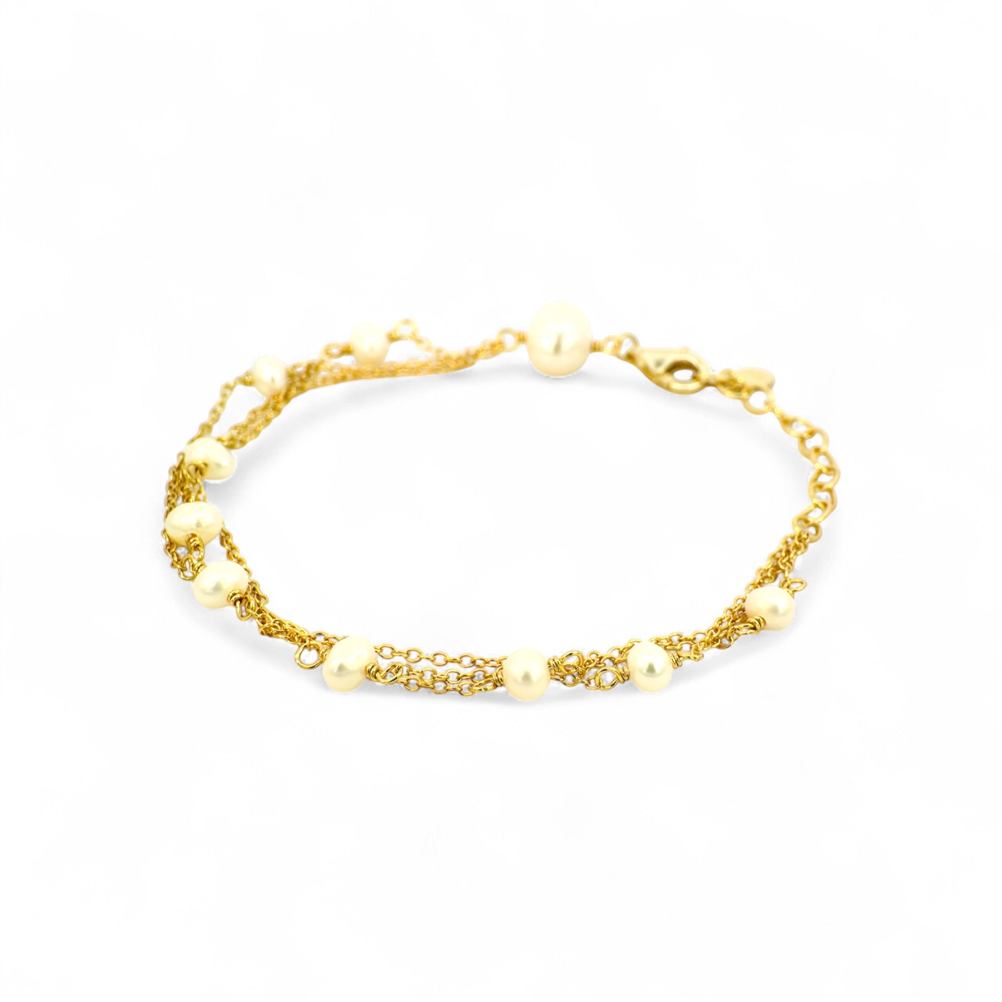 Pulsera triple eslabones dorados con perlas de 3 mm