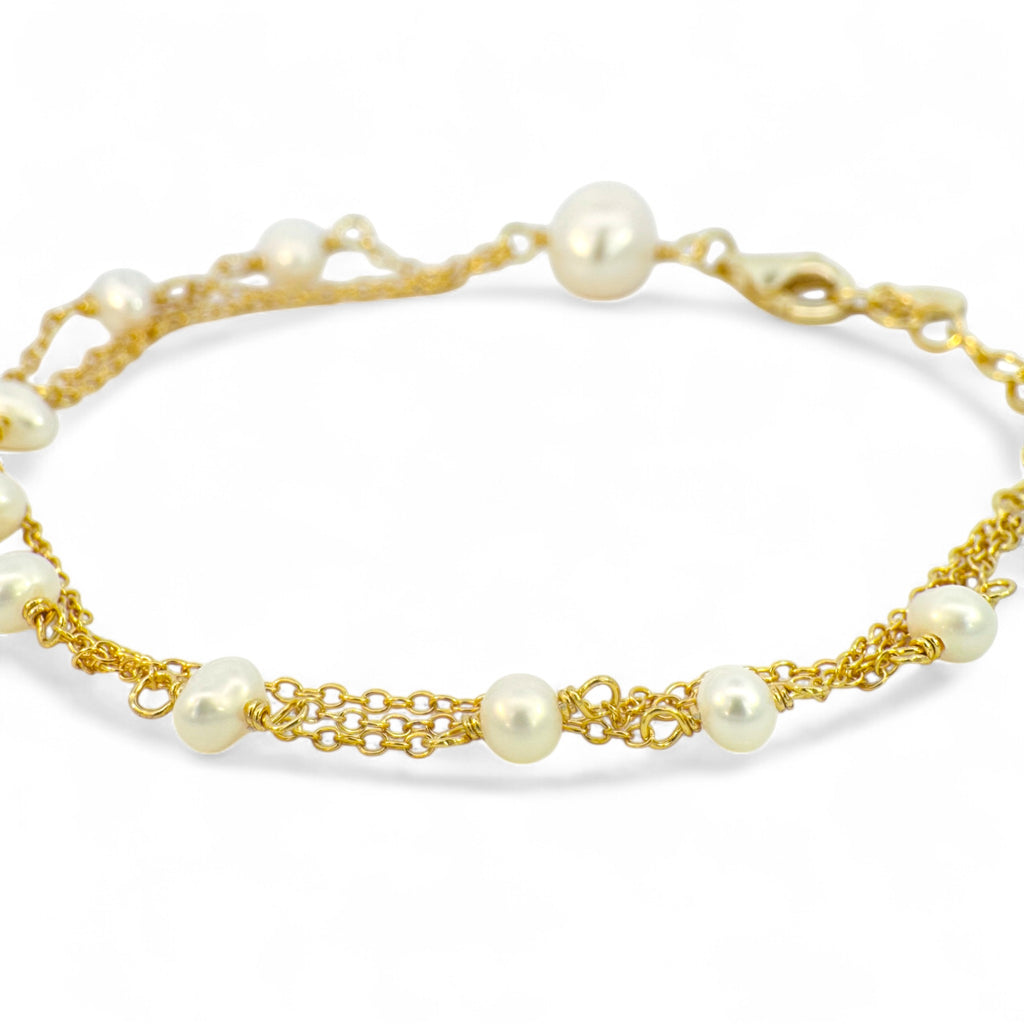 Pulsera triple eslabones dorados con perlas de 3 mm
