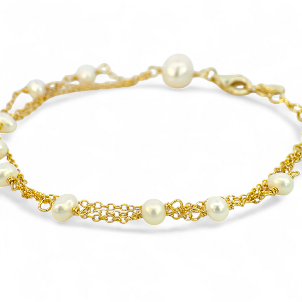 Pulsera triple eslabones dorados con perlas de 3 mm