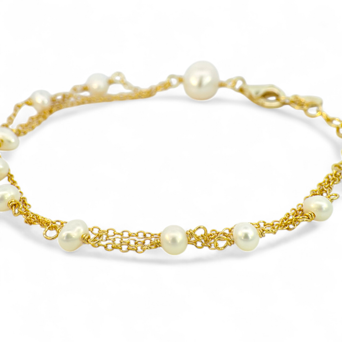 Pulsera triple eslabones dorados con perlas de 3 mm