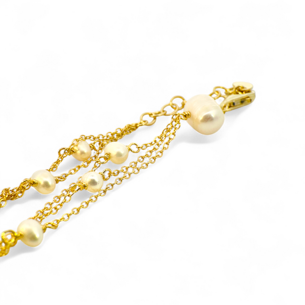Pulsera triple eslabones dorados con perlas de 3 mm