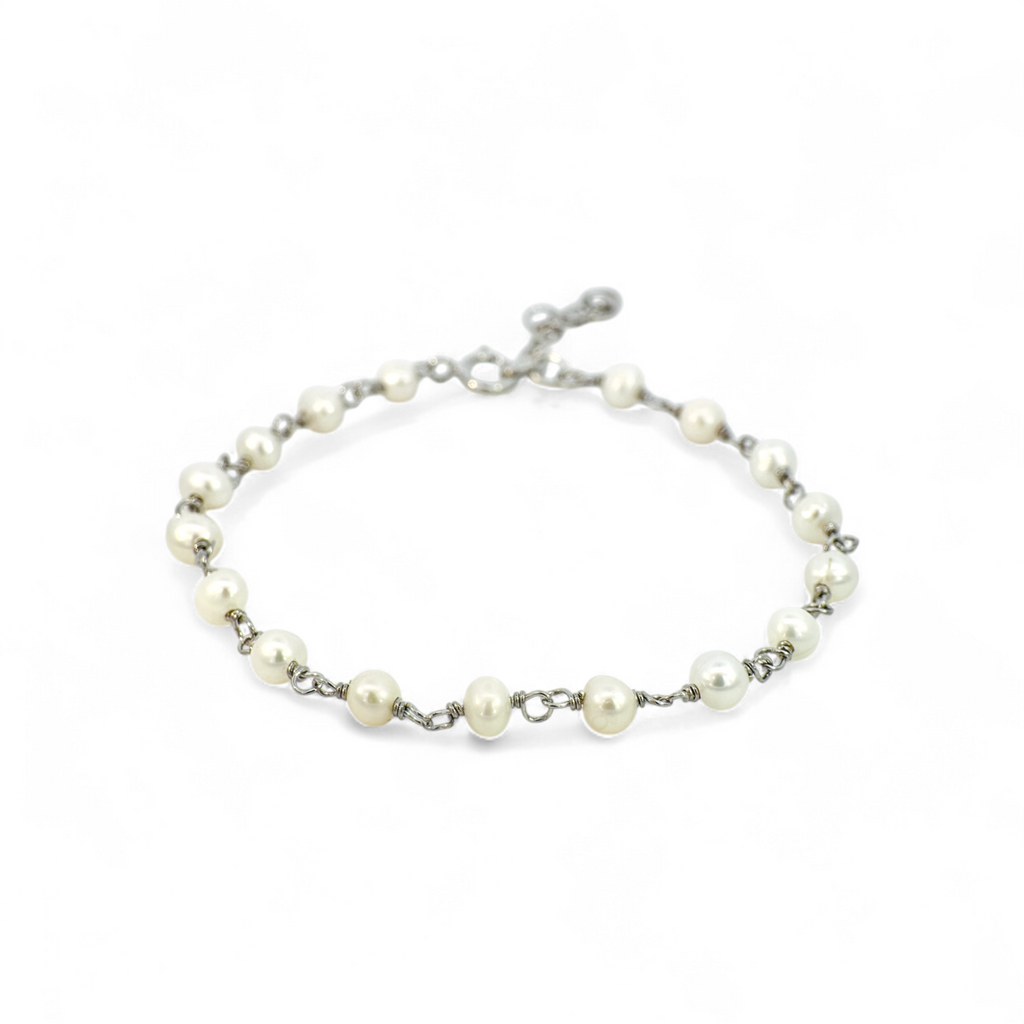Pulsera eslabones plateados con perlas de 4 mm