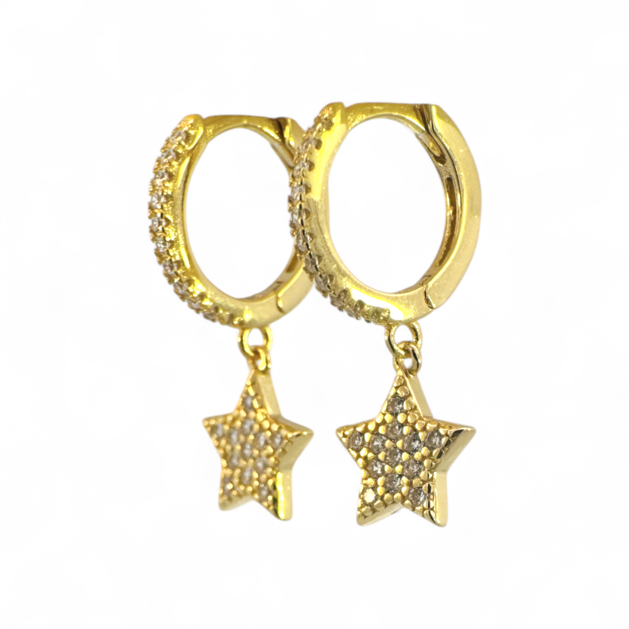 Aros argollas 12 mm y estrellas colgantes con circones doradas