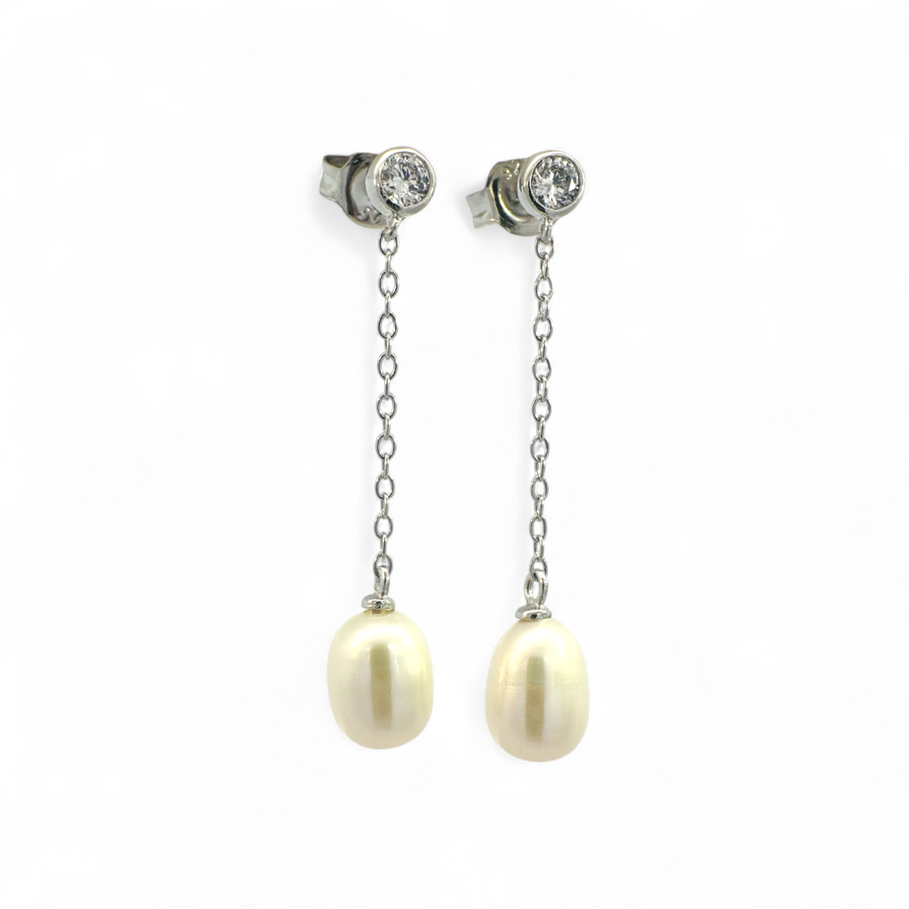 Aros colgantes perlas bisel plateadas