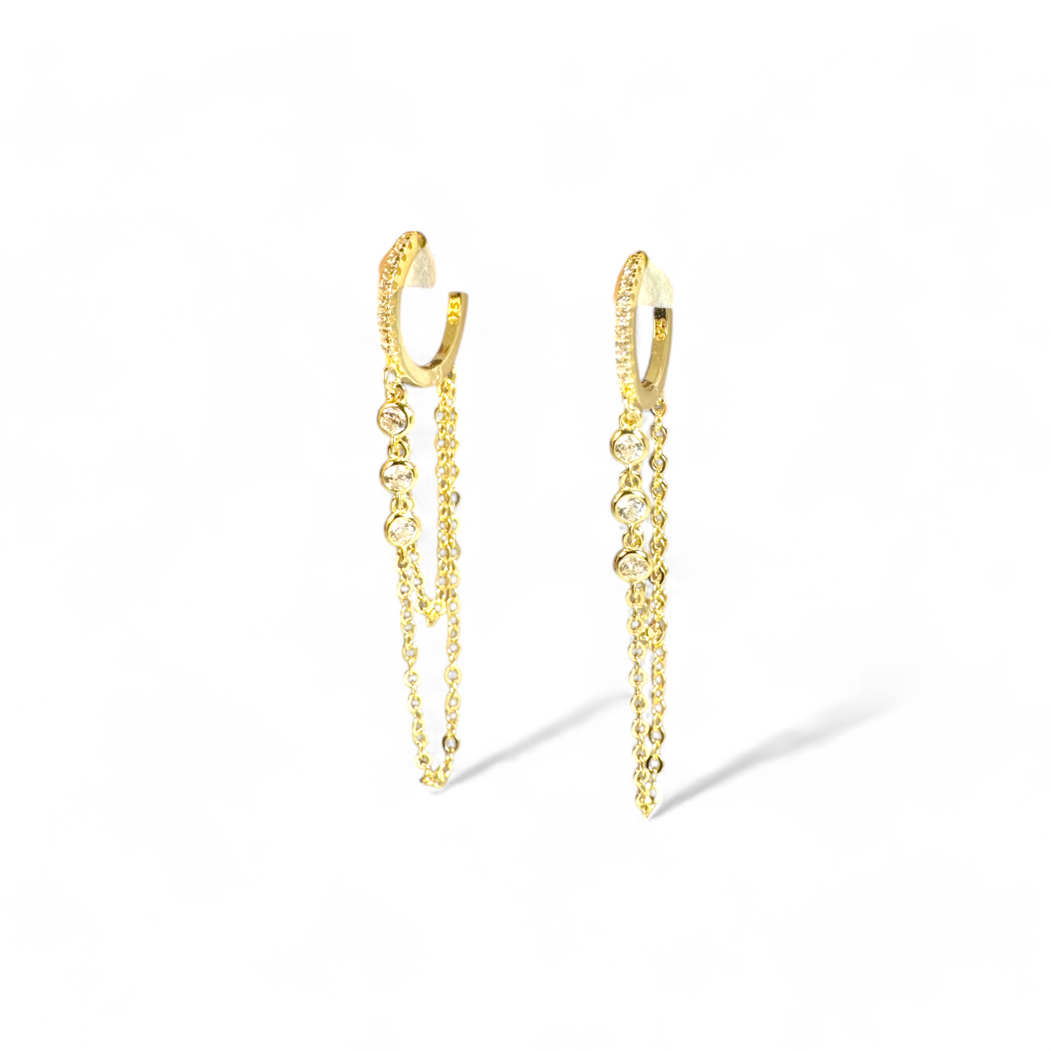 Aros Argollas Circón y cadena doble dorados