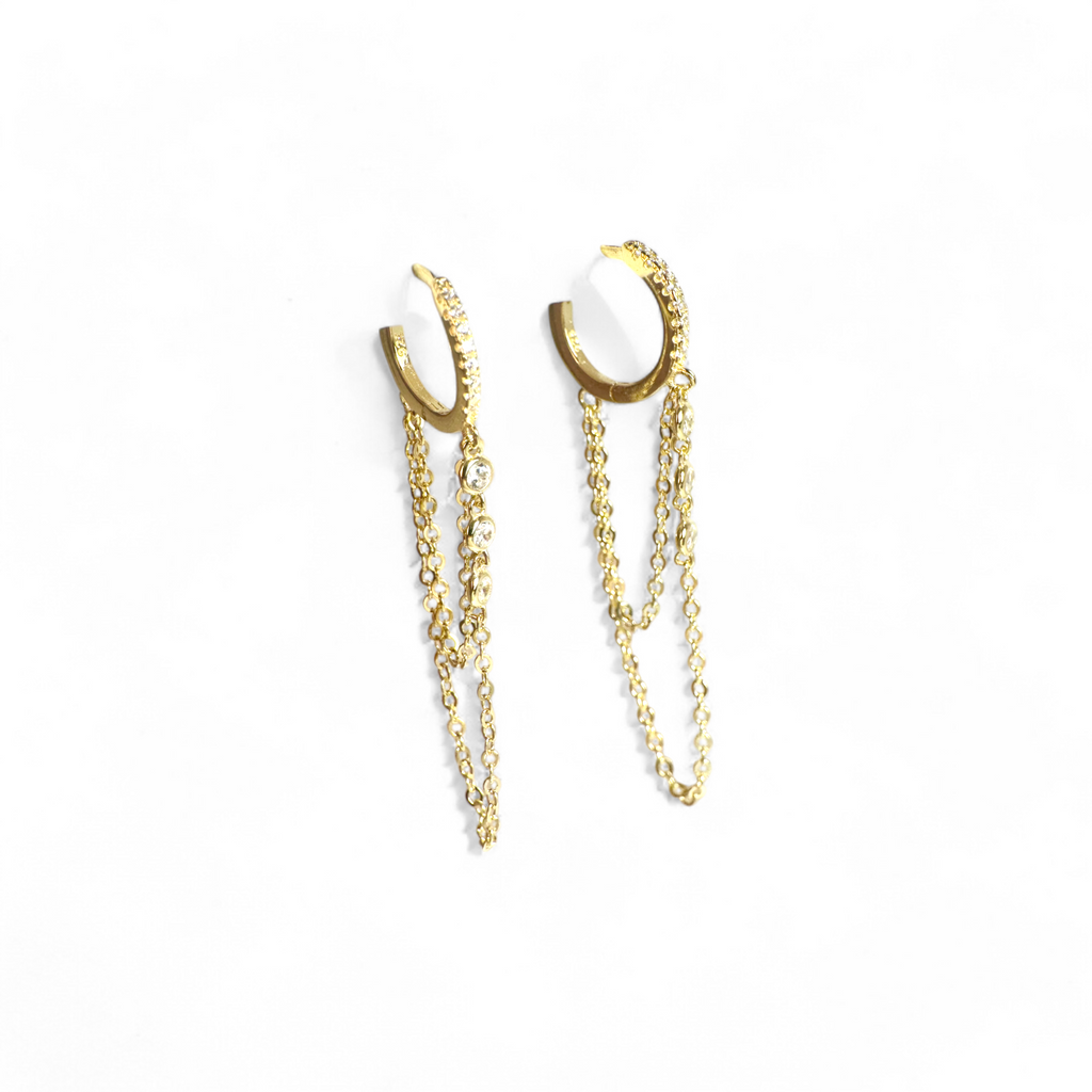 Aros Argollas Circón y cadena doble dorados