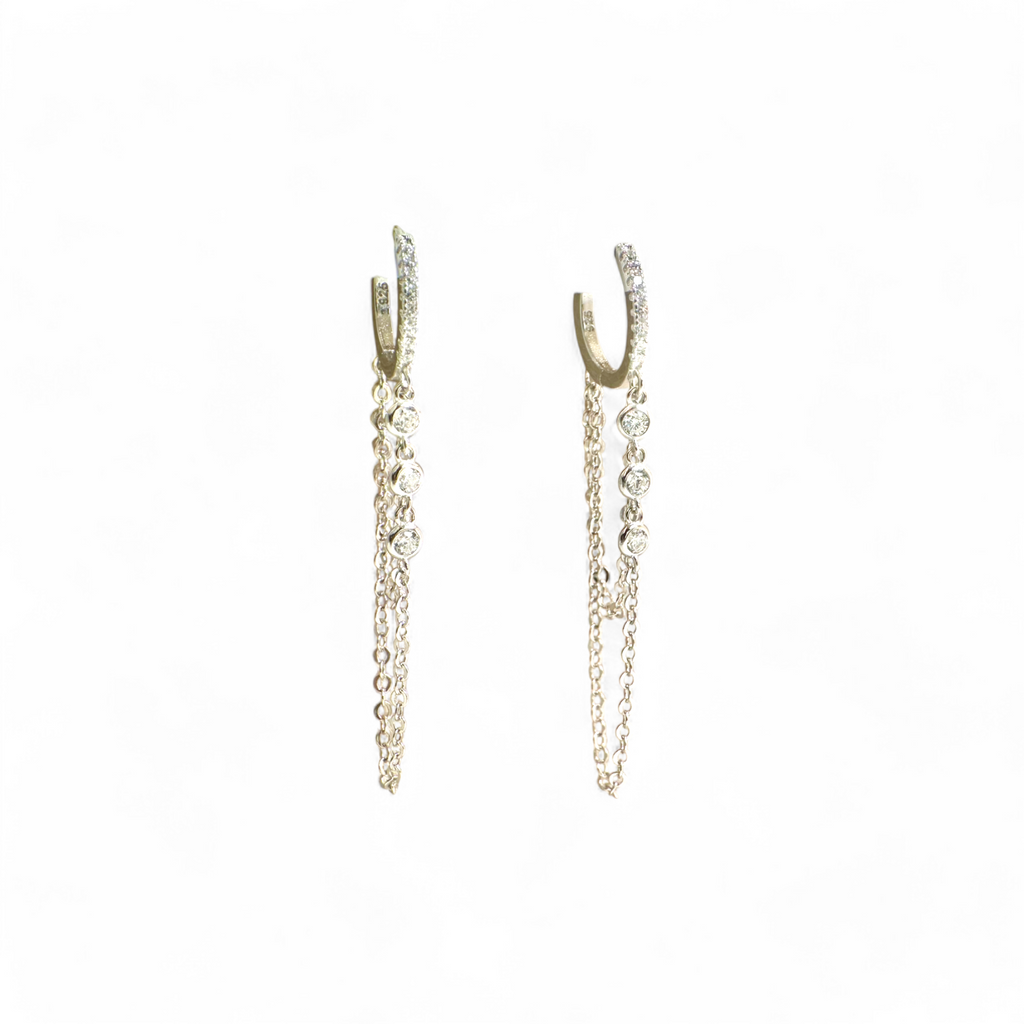 Aros Argollas Circón y cadena doble plateados