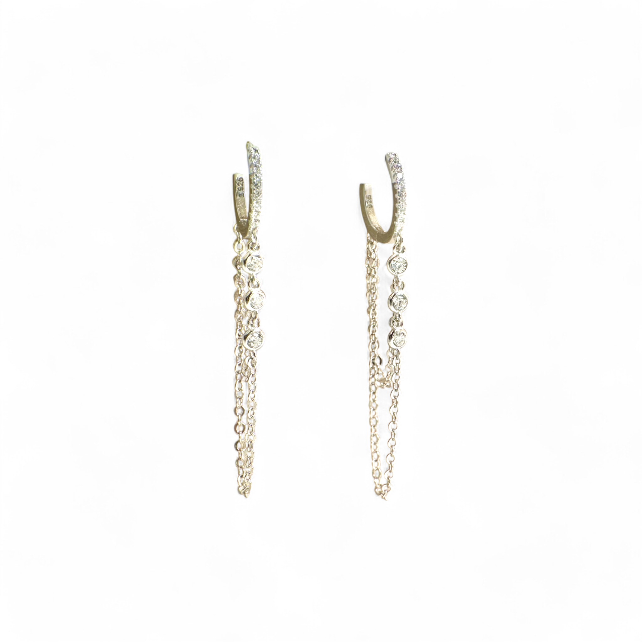 Aros Argollas Circón y cadena doble plateados