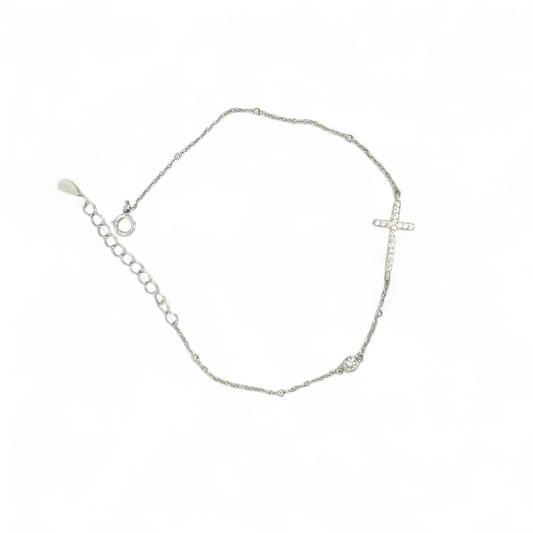 Pulsera cadena con pelotitas, circón en bisel y Cruz con circones