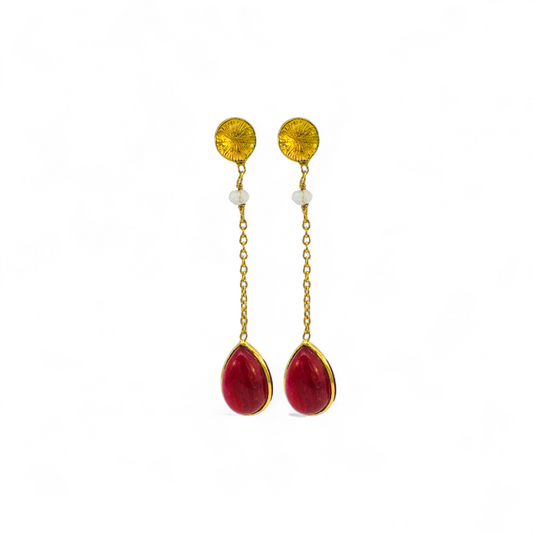 Aros colgantes cadena y piedra roja