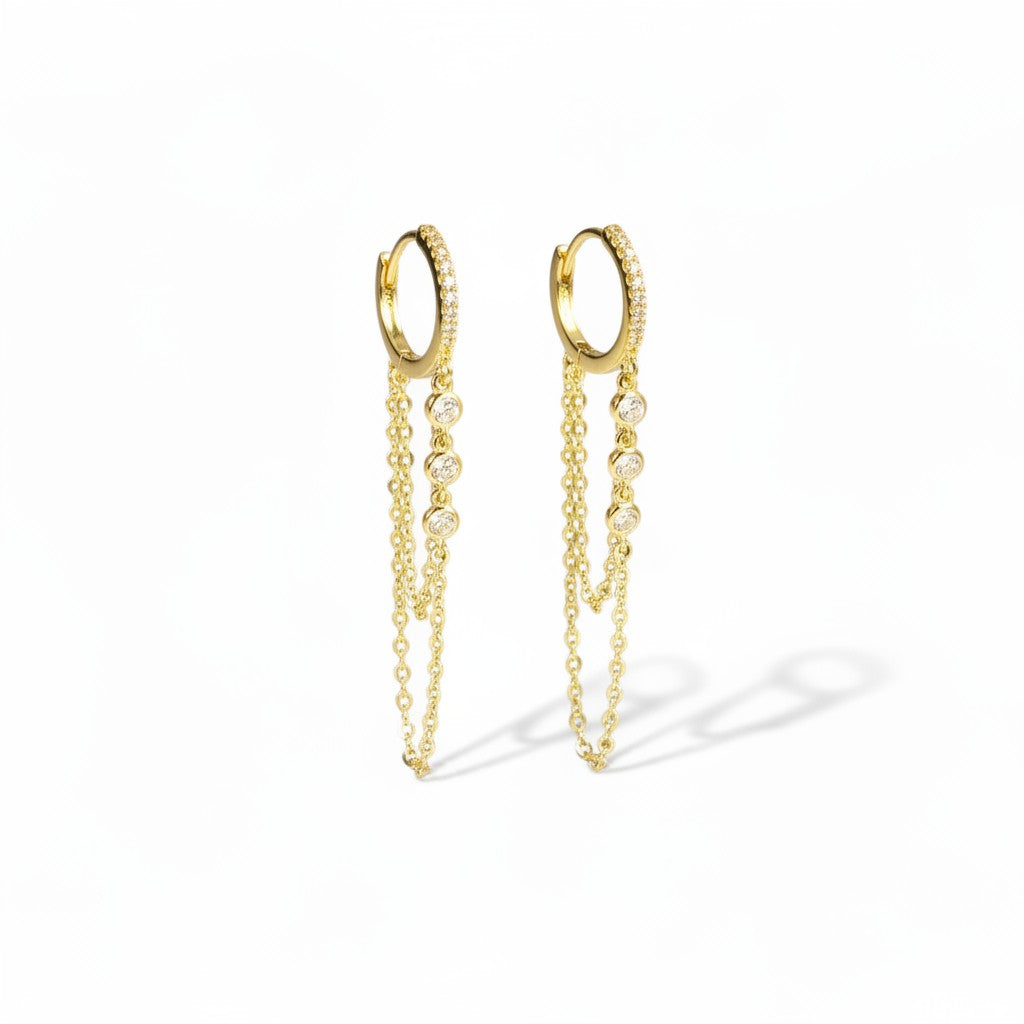 ClaraJoyas gold plated sterling silver hoop earrings with double chain and bezel-set cubic zirconia.