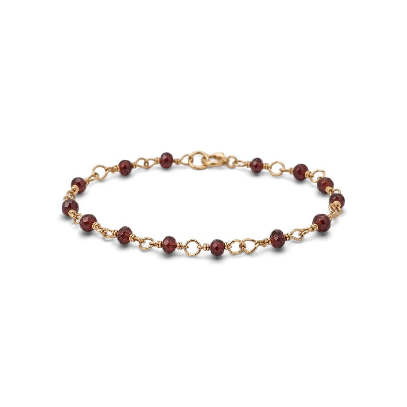 Pulsera alambrada ClaraJoyas de 17 cm con pequeñas cuentas de granate facetado de 2 mm y eslabones dorados