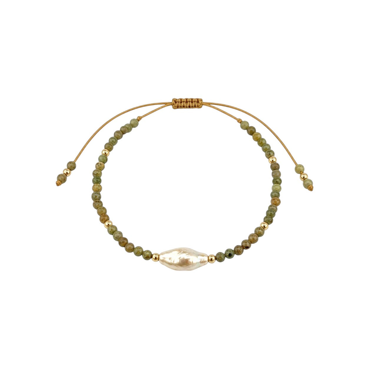 Pulsera ClaraJoyas de hilo mostaza ajustable con cuentas de amazonita verde y una perla central alargada