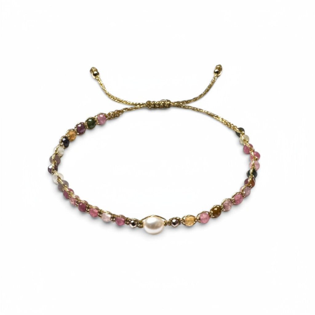 Pulsera ajustable ClaraJoyas de hilo dorado con perla central y cuentas de turmalina multicolor