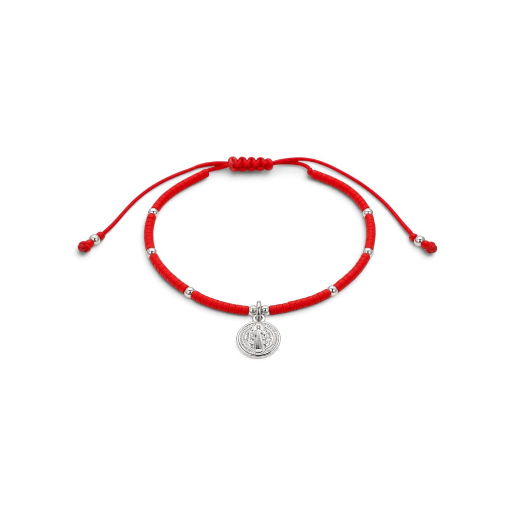 Pulsera ajustable ClaraJoyas de cuentas Miyuki rojas y detalles en plata con medalla de San Benito