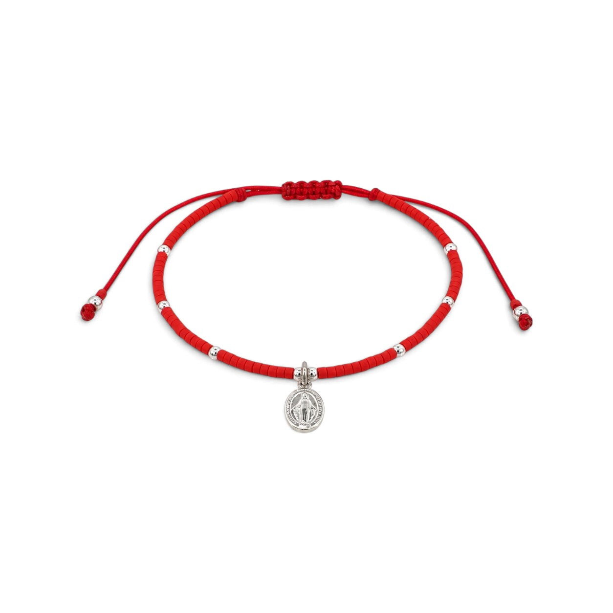 Pulsera ClaraJoyas de cuentas Miyuki rojas y detalles en plata con medalla de la Virgen de los Rayos ajustable