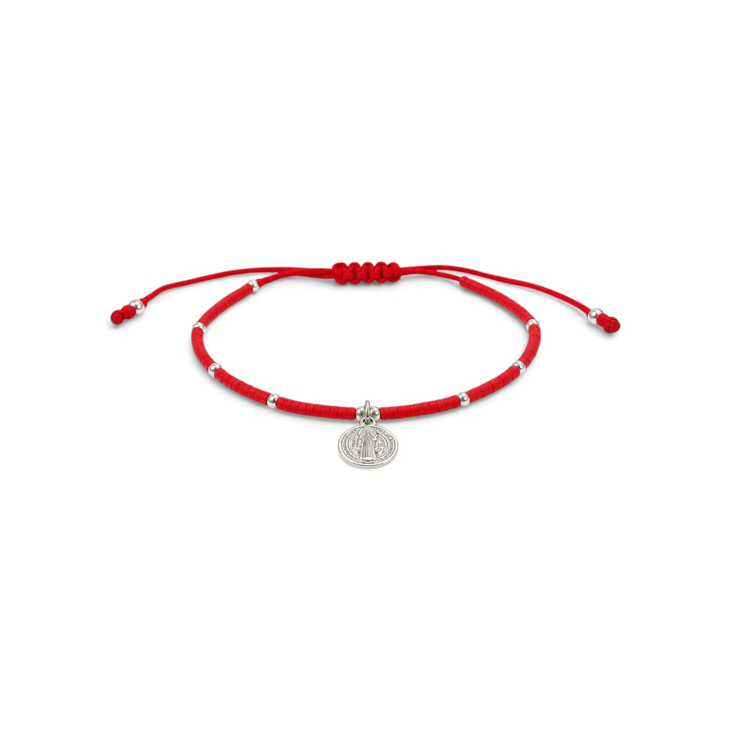 Pulsera ajustable ClaraJoyas de cuentas Miyuki rojas y detalles plateados con medalla de San Benito