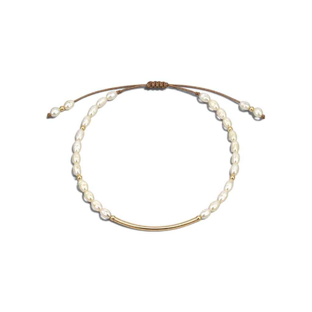 Pulsera ajustable ClaraJoyas con perlas naturales y barra central de goldfilled sobre cordón marrón