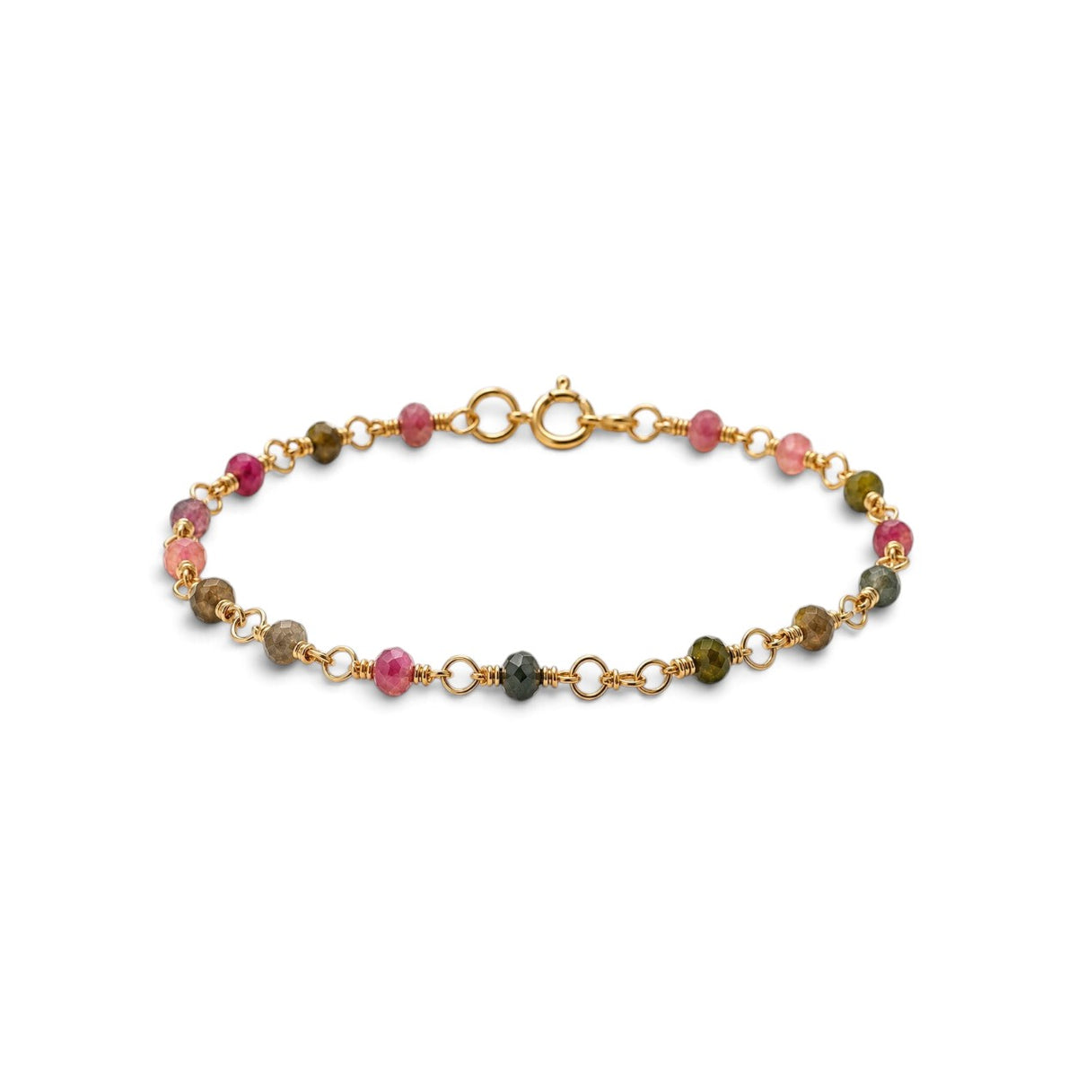 Pulsera ClaraJoyas de 17 cm con cuentas de turmalina multicolor de 2 mm y cadena de eslabones dorados ajustable