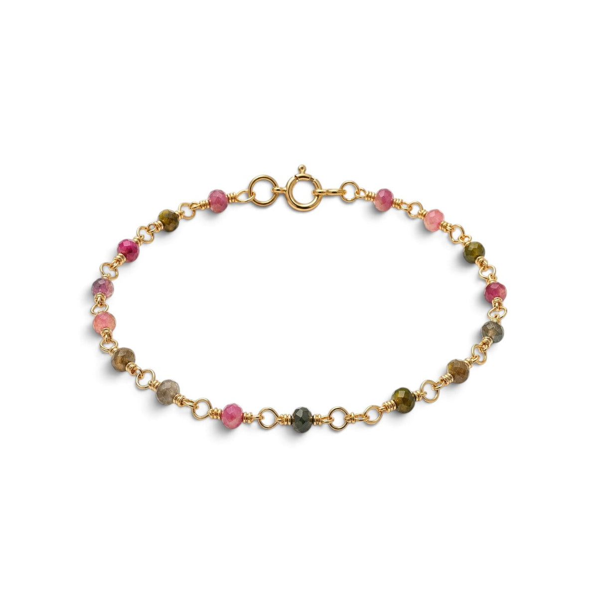 Pulsera ClaraJoyas de 17 cm con cuentas de turmalina facetadas de 2 mm y eslabones de alambre dorado ajustable