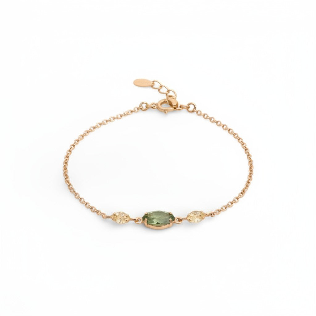 ClaraJoyas rose gold plated sterling silver bracelet with green Swarovski crystal and extender.