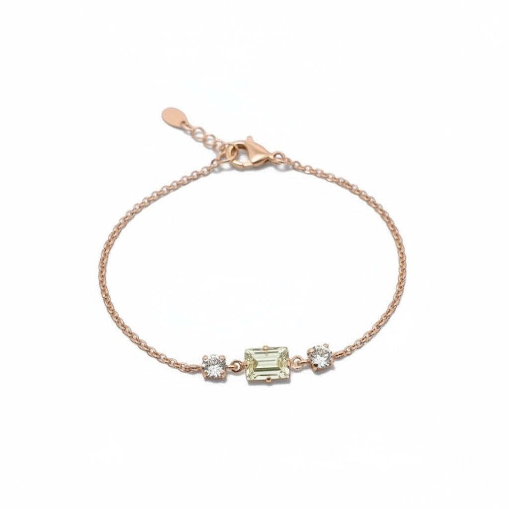 ClaraJoyas rose gold plated sterling silver bracelet with white Swarovski crystals and a rectangular pale yellow stone.