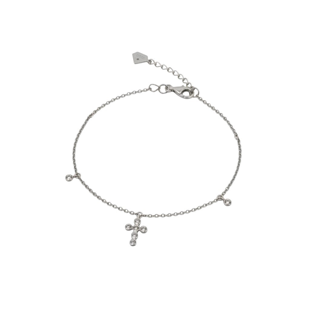 ClaraJoyas sterling silver 925 bracelet with a diamond-encrusted cross pendant and bezel-set diamonds.