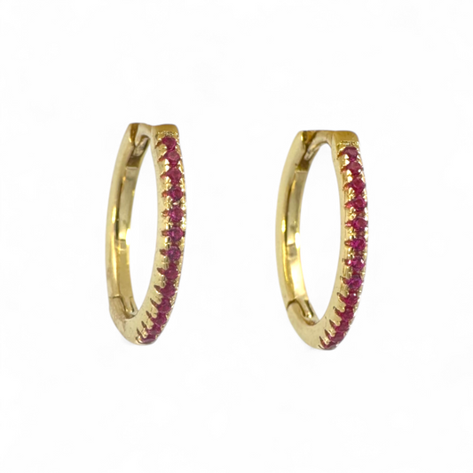 Aros argollas piedras rojos en grifa de Plata 925 bañados en oro