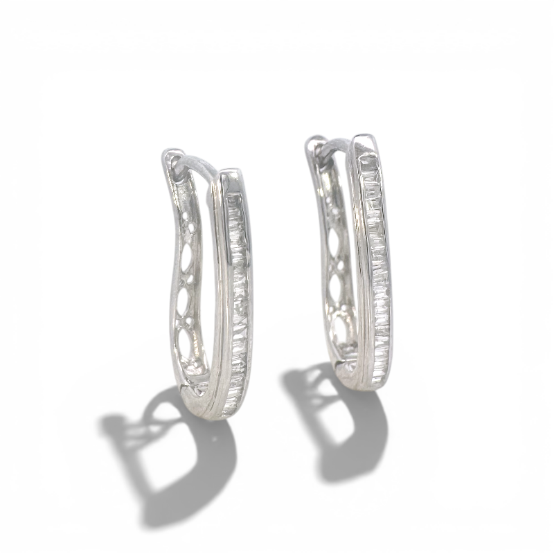 Aros argollas ovales curvas diamantes baguette en riel 0,25 ct plata 925