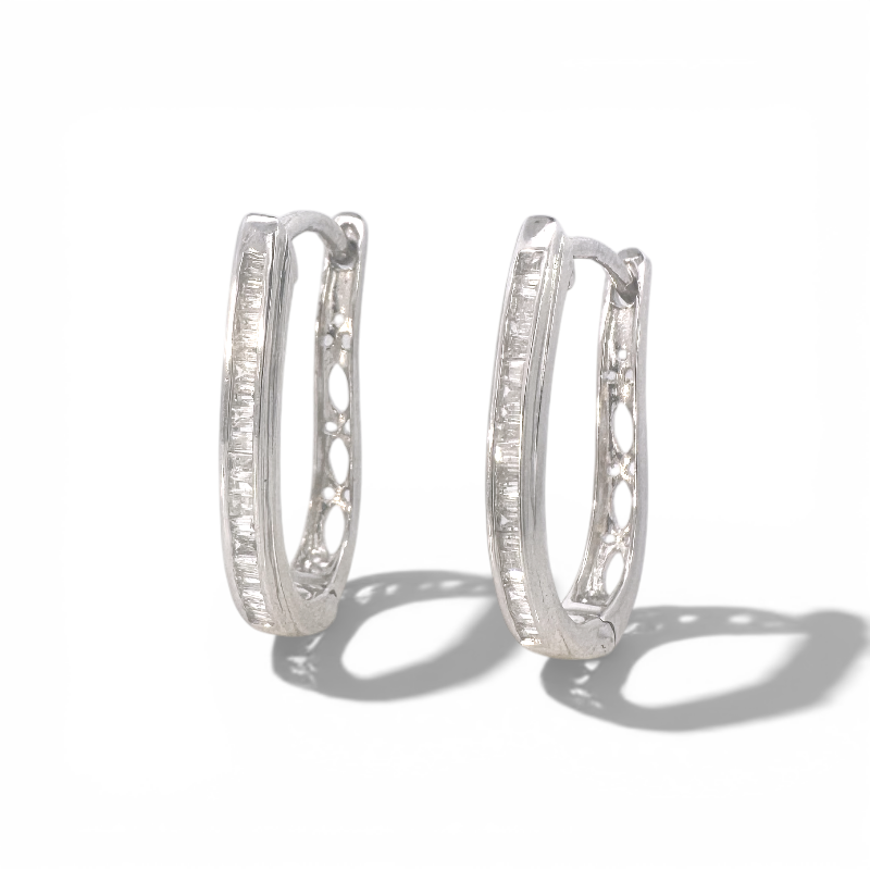 Aros argollas ovales curvas diamantes baguette en riel 0,25 ct plata 925
