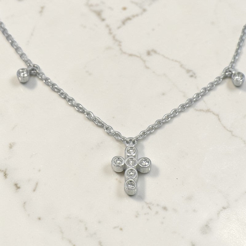 Pulsera eslabones con cruz de diamantes y diamantes colgantes en bisel 0,10 ct plata 925