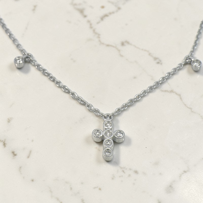 Pulsera eslabones con cruz de diamantes y diamantes colgantes en bisel 0,10 ct plata 925