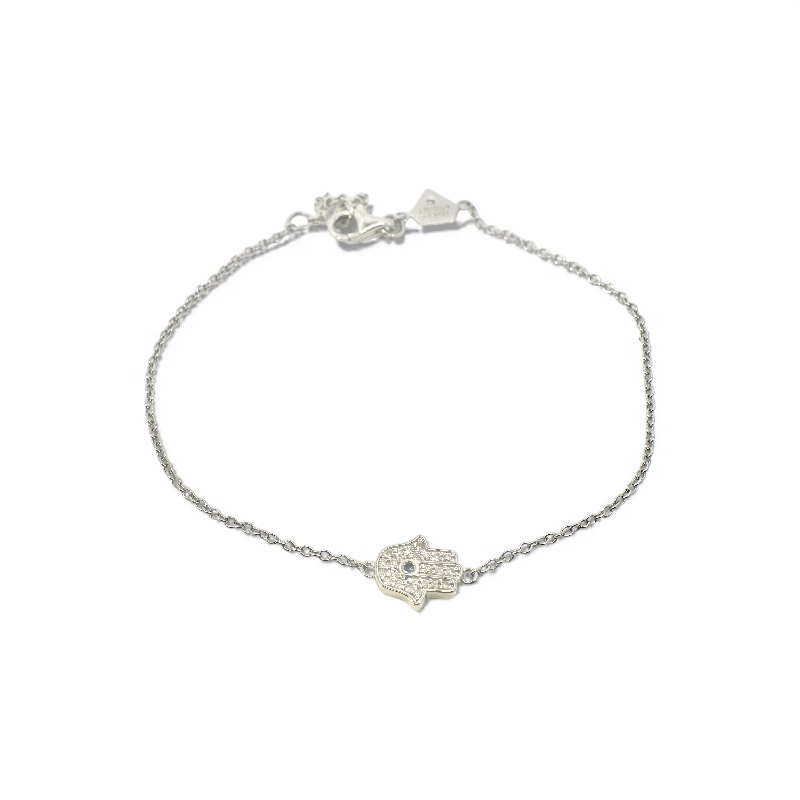 Pulsera eslabones Mano de Fátima con diamantes y zafiro 0,12 ct plata 925