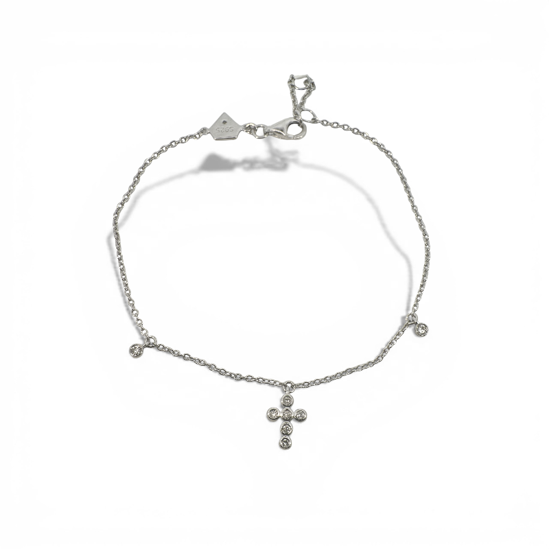 Pulsera eslabones con cruz de diamantes y diamantes colgantes en bisel 0,10 ct plata 925