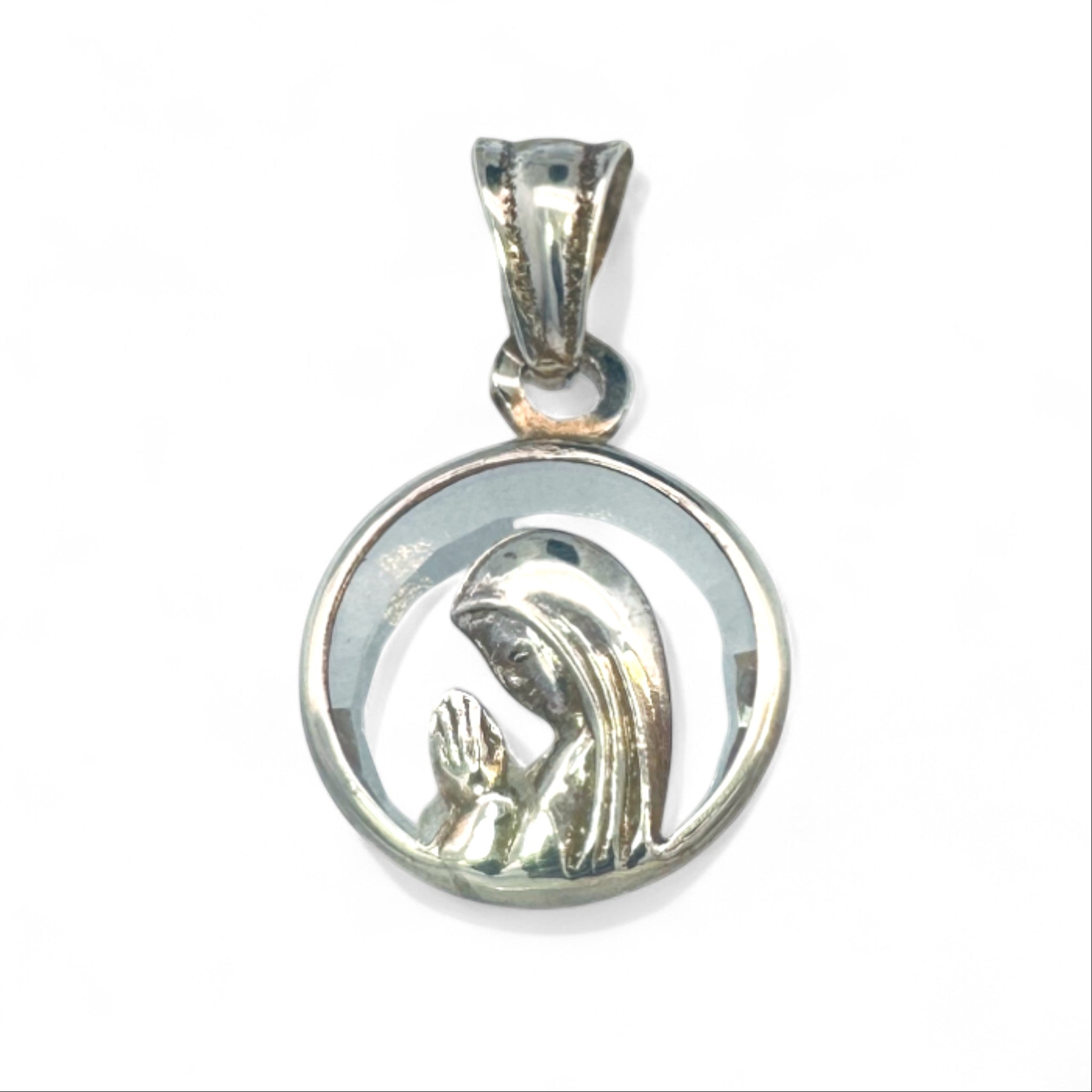 Medalla Virgen Orando Redonda Cristal Plata - 12 mm