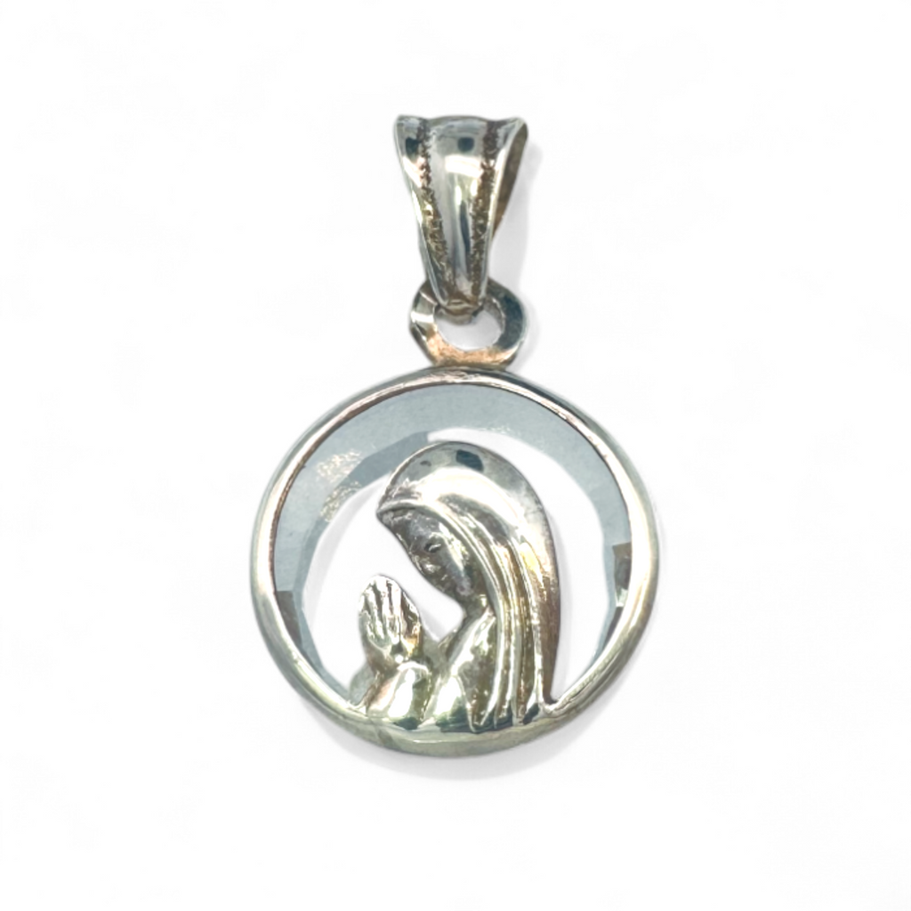 Medalla Virgen Orando Redonda  Cristal Plata 17 mm