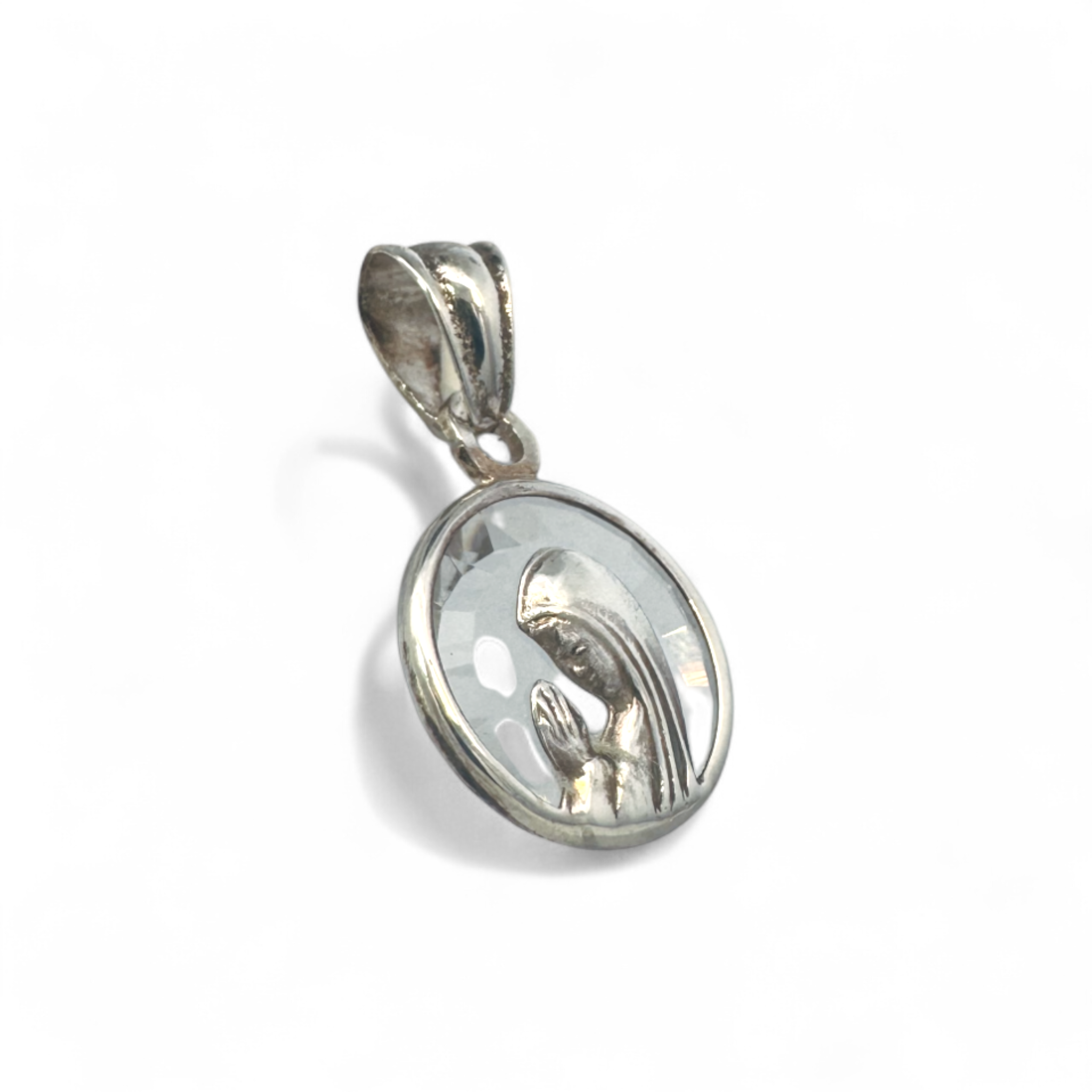 Medalla Virgen Orando Redonda  Cristal Plata 17 mm
