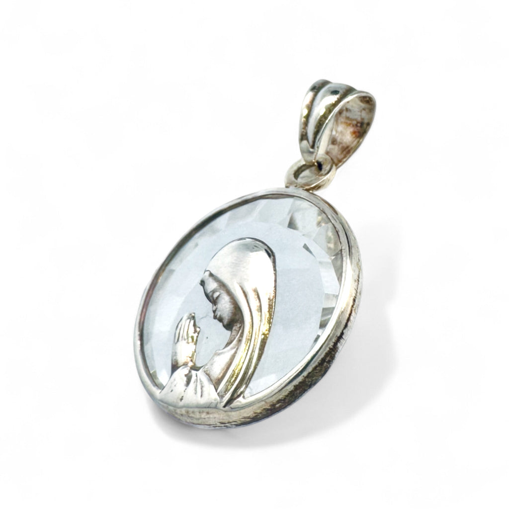 Medalla Virgen Orando Redonda Cristal Plata - 12 mm