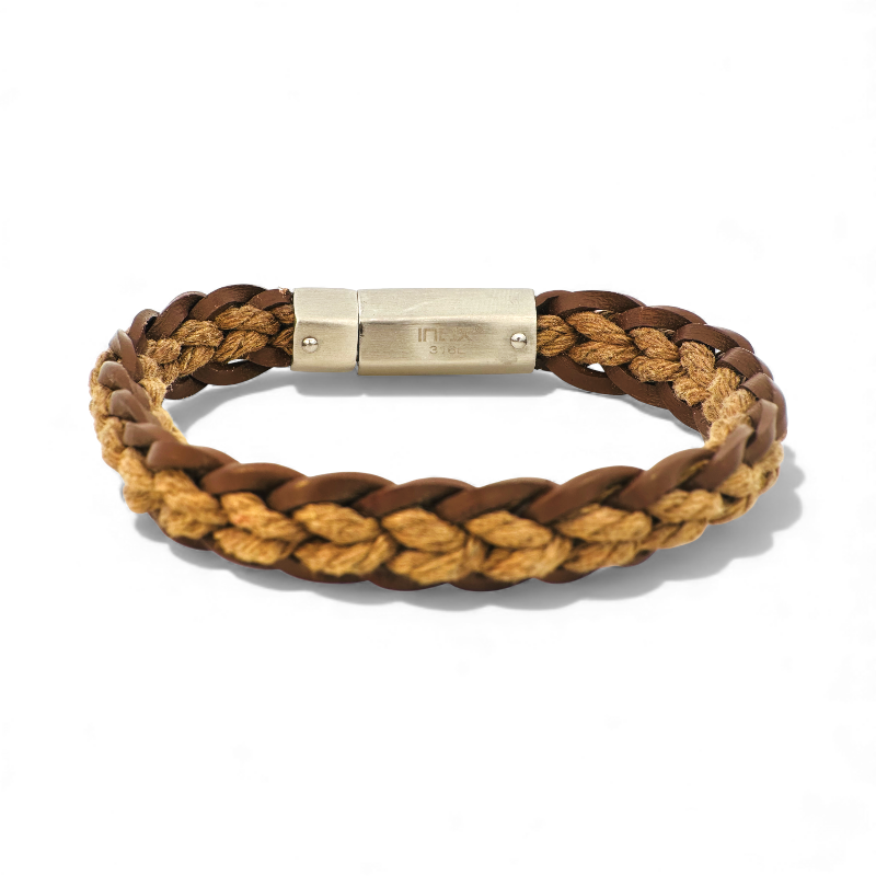 Pulsera Trenzada de Cuero y Cordón Natural cierre acero