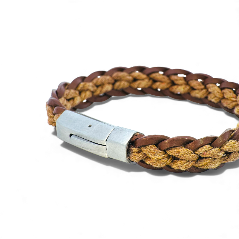 Pulsera Trenzada de Cuero y Cordón Natural cierre acero