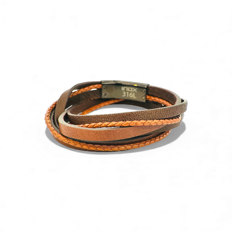Pulsera doble de Cuero Café con Tiras Trenzadas y Lisas