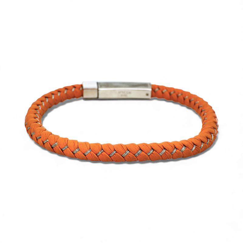 Pulsera de Cuero Trenzado Naranja con Cierre Acero