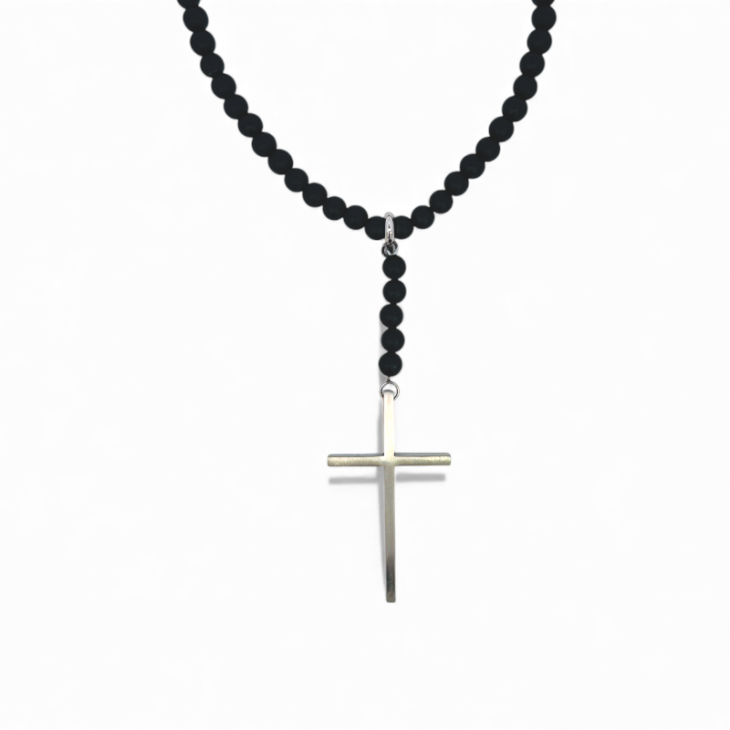 Collar de Cuentas Negras con Cruz en Acero