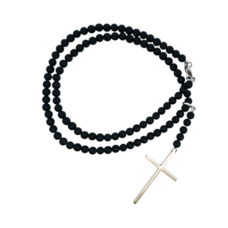Collar de Cuentas Negras con Cruz en Acero