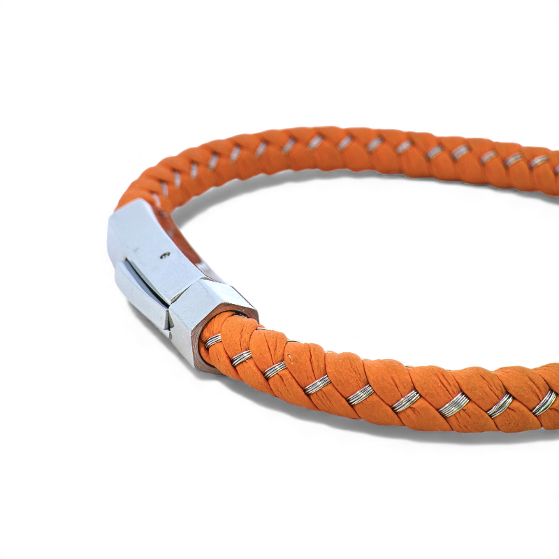Pulsera de Cuero Trenzado Naranja con Cierre Acero
